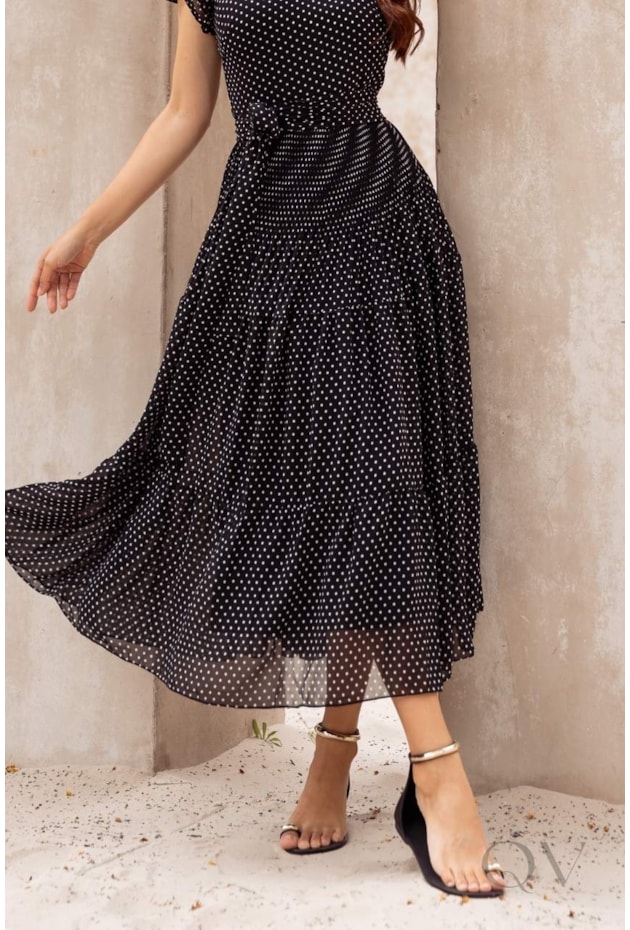 VESTIDO MIDI GODÊ EM MUSSELINE POÁ P&B - JANY PIM