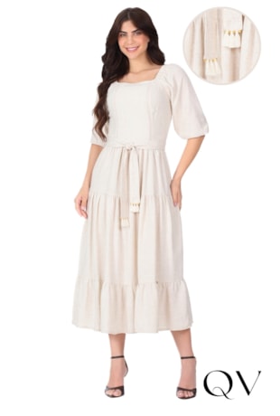 VESTIDO MIDI GODÊ EM TECIDO PLANO CRU - HAPUK