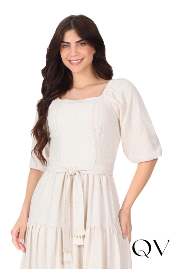 VESTIDO MIDI GODÊ EM TECIDO PLANO CRU - HAPUK
