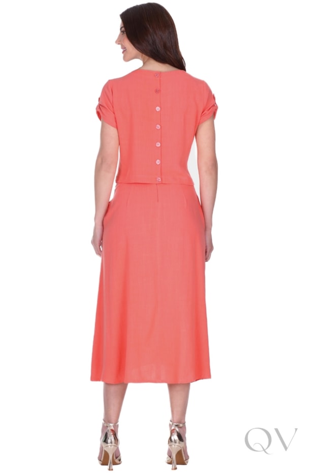 VESTIDO MIDI GODÊ EM TECIDO PLANO DE VISCOSE CORAL - HAPUK