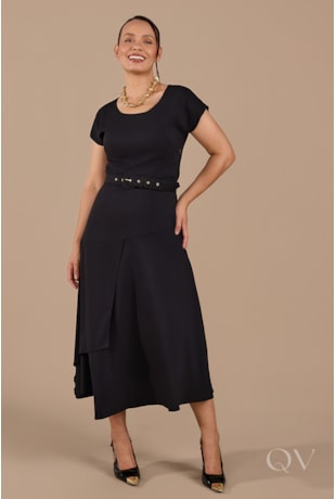 VESTIDO MIDI GODÊ EM VISCO TWILL PRETO - JANY PIM