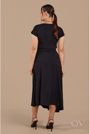VESTIDO MIDI GODÊ EM VISCO TWILL PRETO - JANY PIM