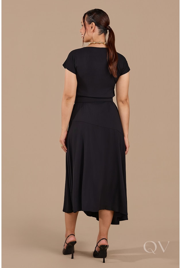 VESTIDO MIDI GODÊ EM VISCO TWILL PRETO - JANY PIM