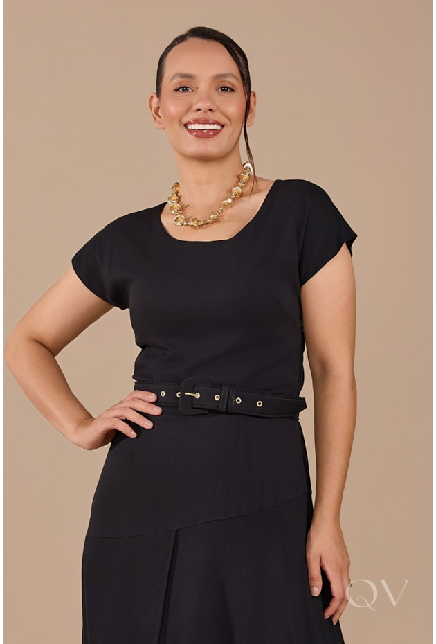 VESTIDO MIDI GODÊ EM VISCO TWILL PRETO - JANY PIM