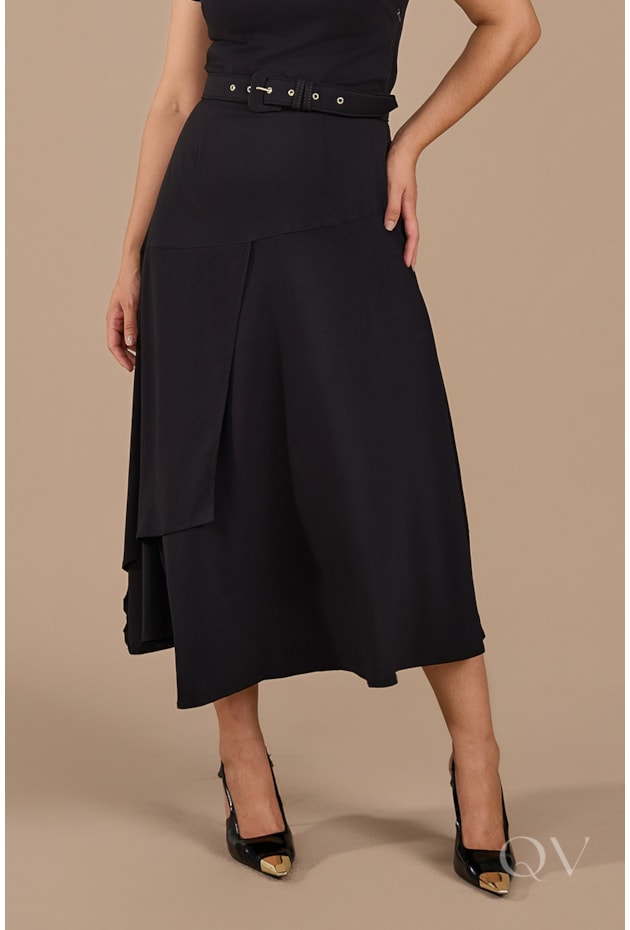 VESTIDO MIDI GODÊ EM VISCO TWILL PRETO - JANY PIM