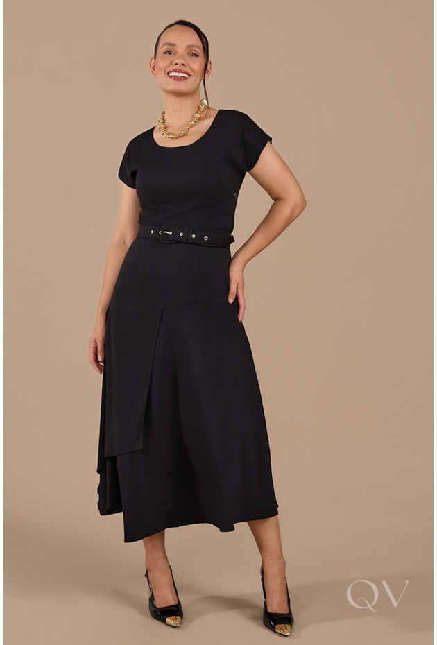 VESTIDO MIDI GODÊ EM VISCO TWILL PRETO - JANY PIM