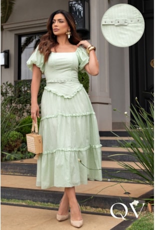 VESTIDO MIDI GODÊ EM VOIL DEVORÊ VERDE - LUZIA FAZZOLLI