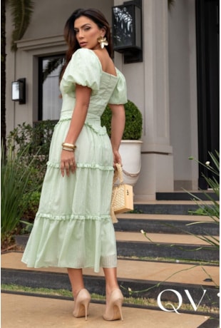 VESTIDO MIDI GODÊ EM VOIL DEVORÊ VERDE - LUZIA FAZZOLLI