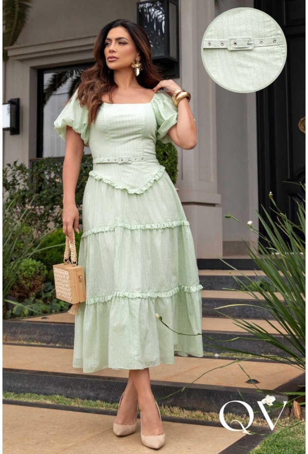 VESTIDO MIDI GODÊ EM VOIL DEVORÊ VERDE - LUZIA FAZZOLLI