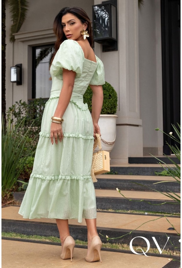VESTIDO MIDI GODÊ EM VOIL DEVORÊ VERDE - LUZIA FAZZOLLI