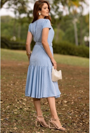 VESTIDO MIDI GODÊ LISTRADO EM SEDA AZUL - JANY PIM