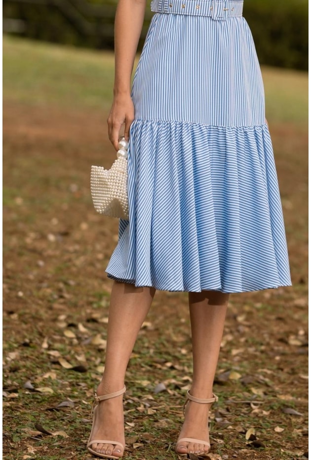 VESTIDO MIDI GODÊ LISTRADO EM SEDA AZUL - JANY PIM