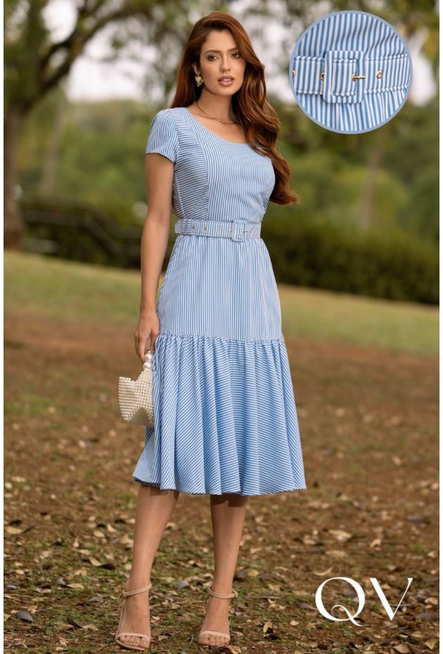 VESTIDO MIDI GODÊ LISTRADO EM SEDA AZUL - JANY PIM