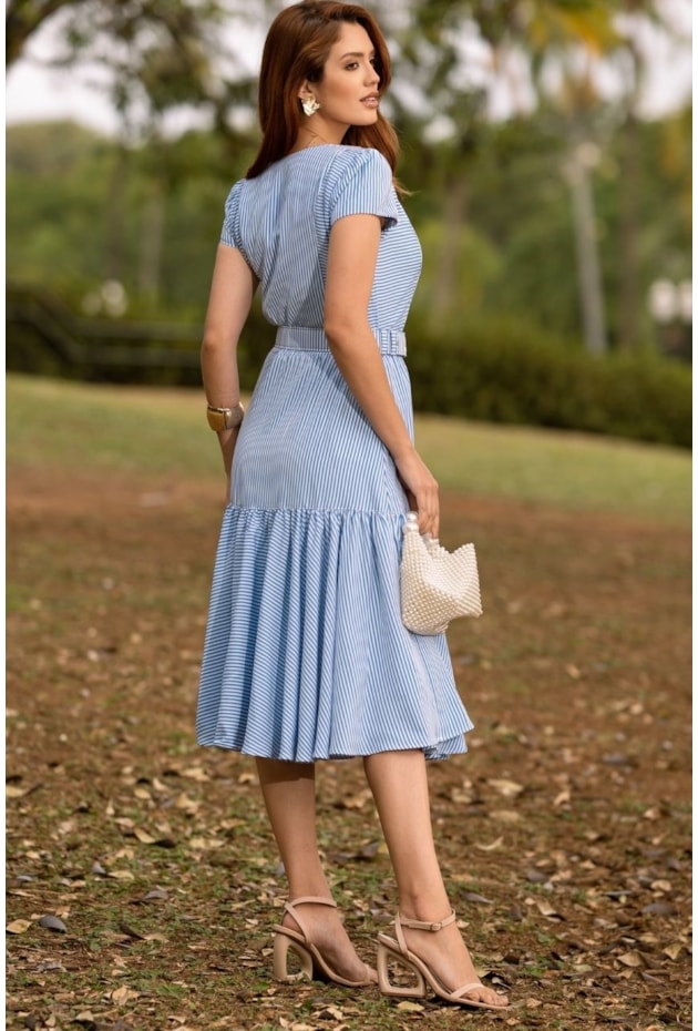 VESTIDO MIDI GODÊ LISTRADO EM SEDA AZUL - JANY PIM