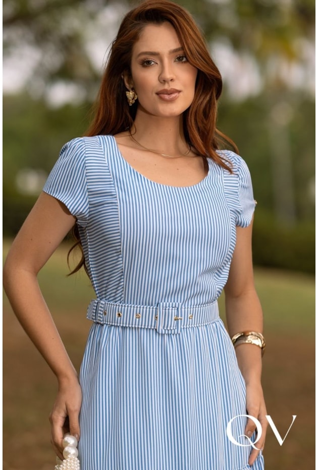 VESTIDO MIDI GODÊ LISTRADO EM SEDA AZUL - JANY PIM