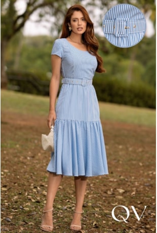 VESTIDO MIDI GODÊ LISTRADO EM SEDA AZUL - JANY PIM