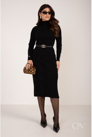 VESTIDO MIDI GOLA ALTA EM TRICOT PRETO - LEKAZIS