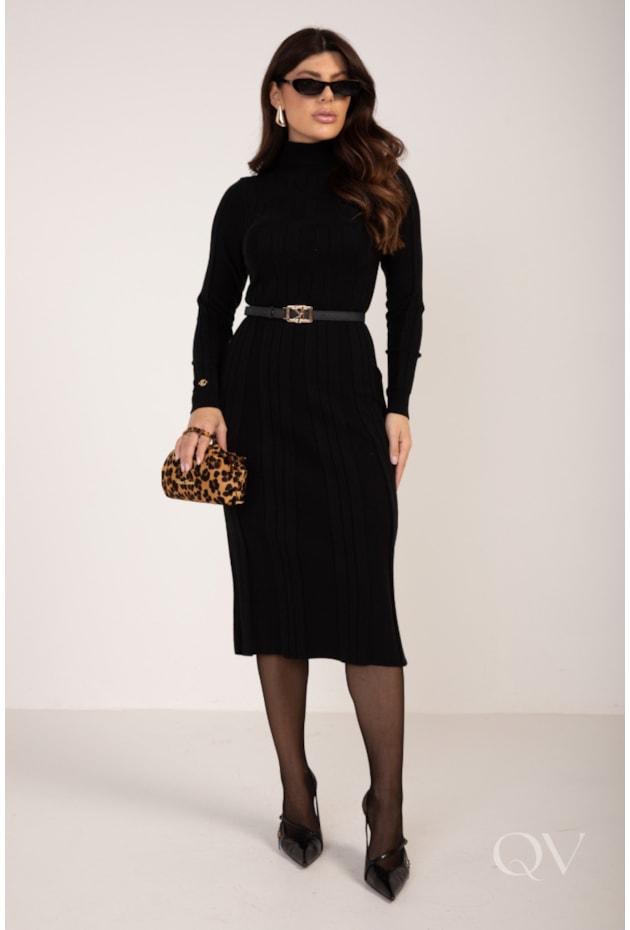 VESTIDO MIDI GOLA ALTA EM TRICOT PRETO - LEKAZIS