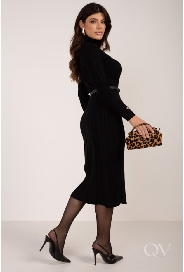 VESTIDO MIDI GOLA ALTA EM TRICOT PRETO - LEKAZIS