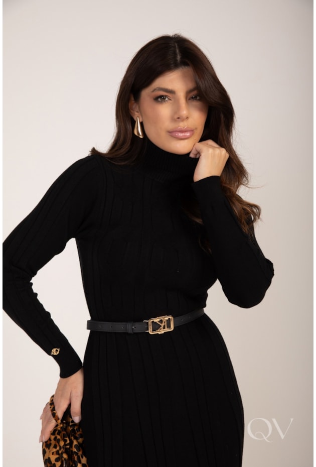 VESTIDO MIDI GOLA ALTA EM TRICOT PRETO - LEKAZIS