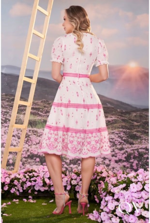 VESTIDO MIDI LAISE COM BORDADO ROSA - FASCÍNIUS
