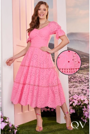 VESTIDO MIDI LAISE MANGA PRINCESA ROSA - FASCÍNIUS