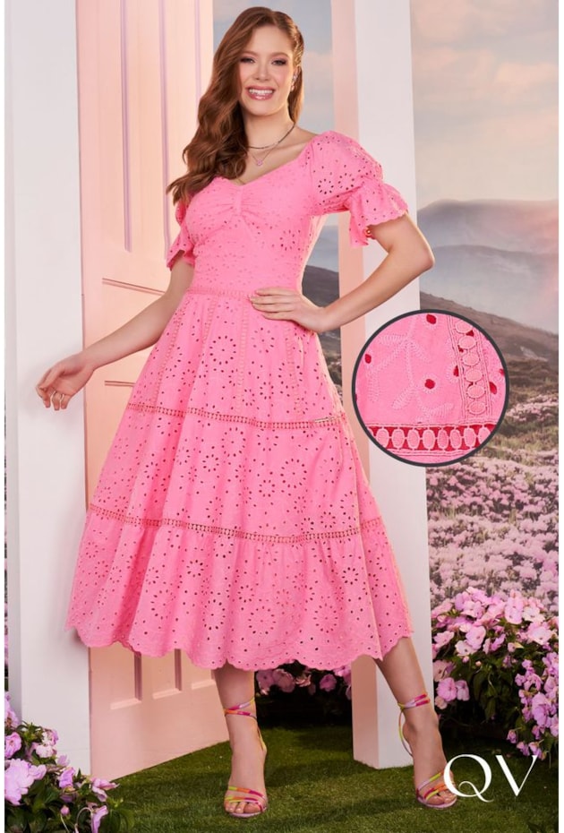 VESTIDO MIDI LAISE MANGA PRINCESA ROSA - FASCÍNIUS