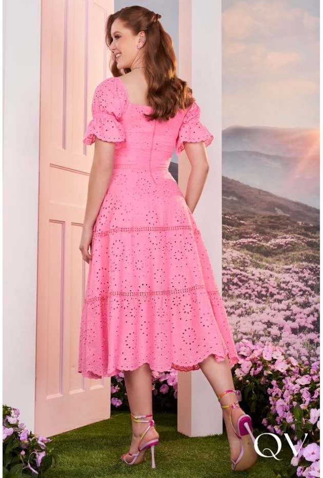 VESTIDO MIDI LAISE MANGA PRINCESA ROSA - FASCÍNIUS