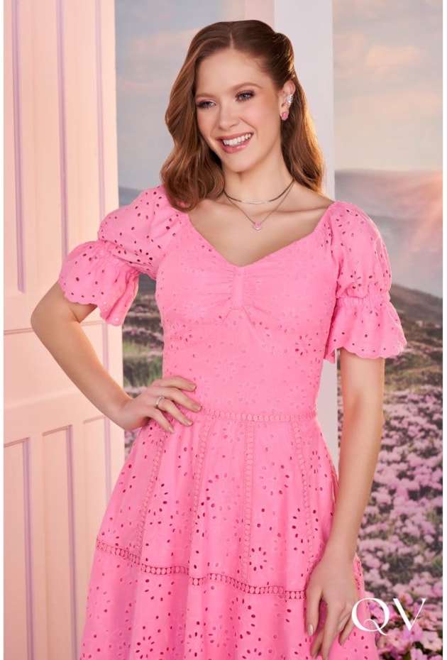 VESTIDO MIDI LAISE MANGA PRINCESA ROSA - FASCÍNIUS