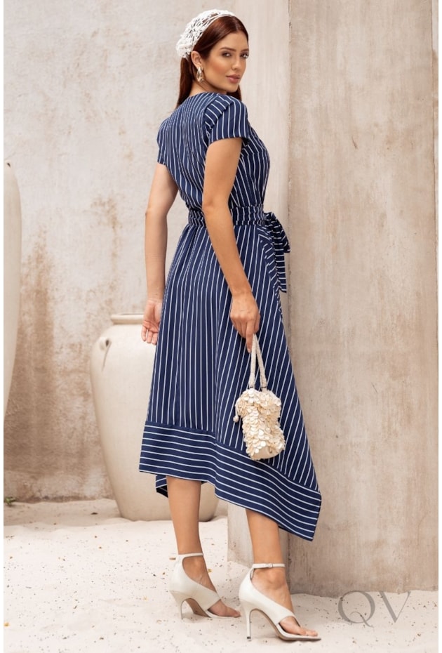 VESTIDO MIDI LISTRADO EM CAMISARIA SPANDEX AZUL MARINHO - JANY PIM