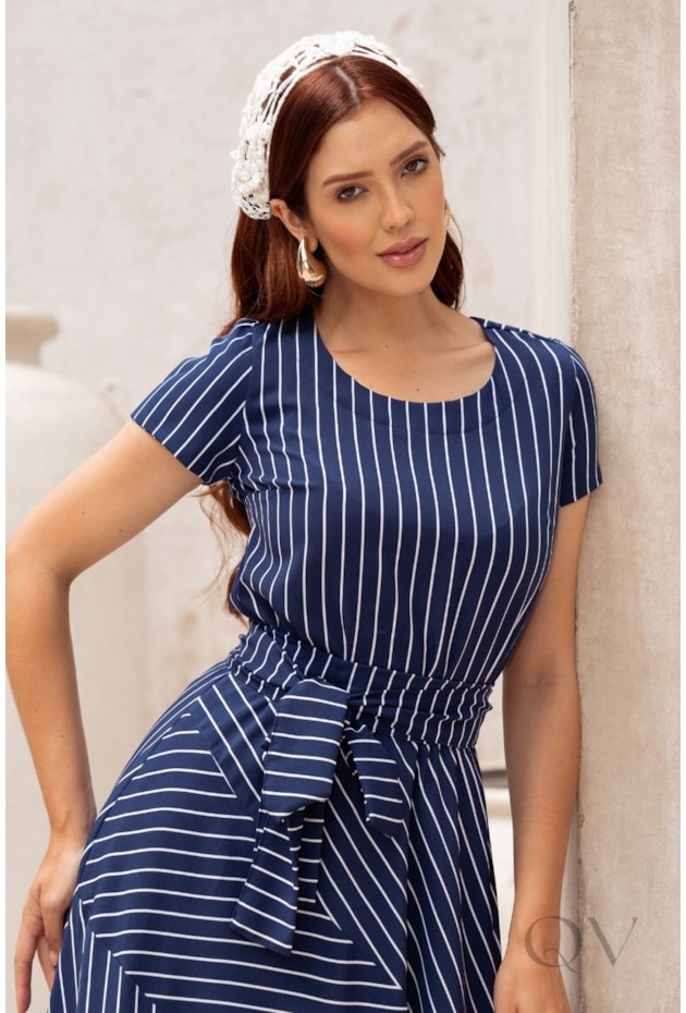 VESTIDO MIDI LISTRADO EM CAMISARIA SPANDEX AZUL MARINHO - JANY PIM