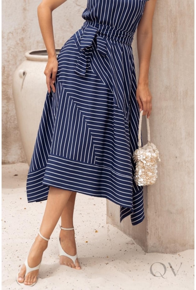 VESTIDO MIDI LISTRADO EM CAMISARIA SPANDEX AZUL MARINHO - JANY PIM