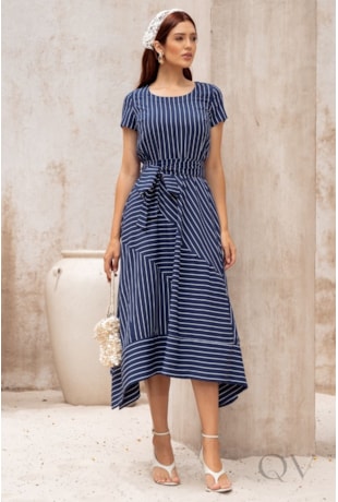 VESTIDO MIDI LISTRADO EM CAMISARIA SPANDEX AZUL MARINHO - JANY PIM