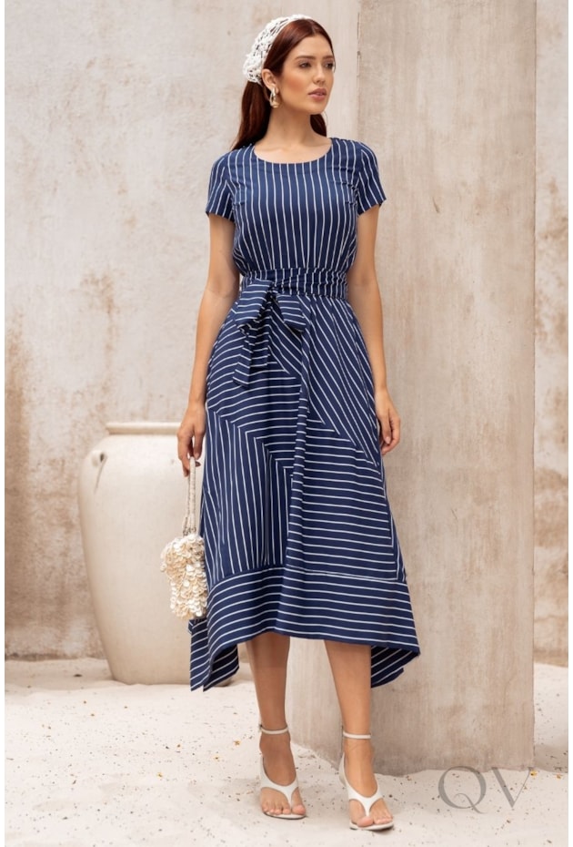 VESTIDO MIDI LISTRADO EM CAMISARIA SPANDEX AZUL MARINHO - JANY PIM