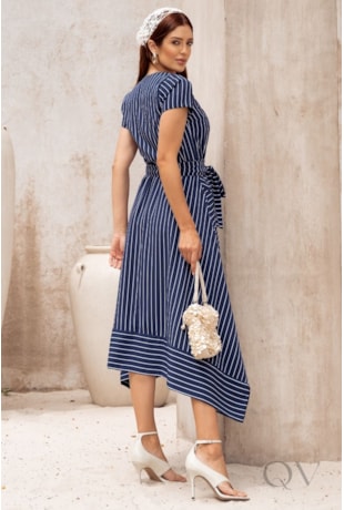 VESTIDO MIDI LISTRADO EM CAMISARIA SPANDEX AZUL MARINHO - JANY PIM