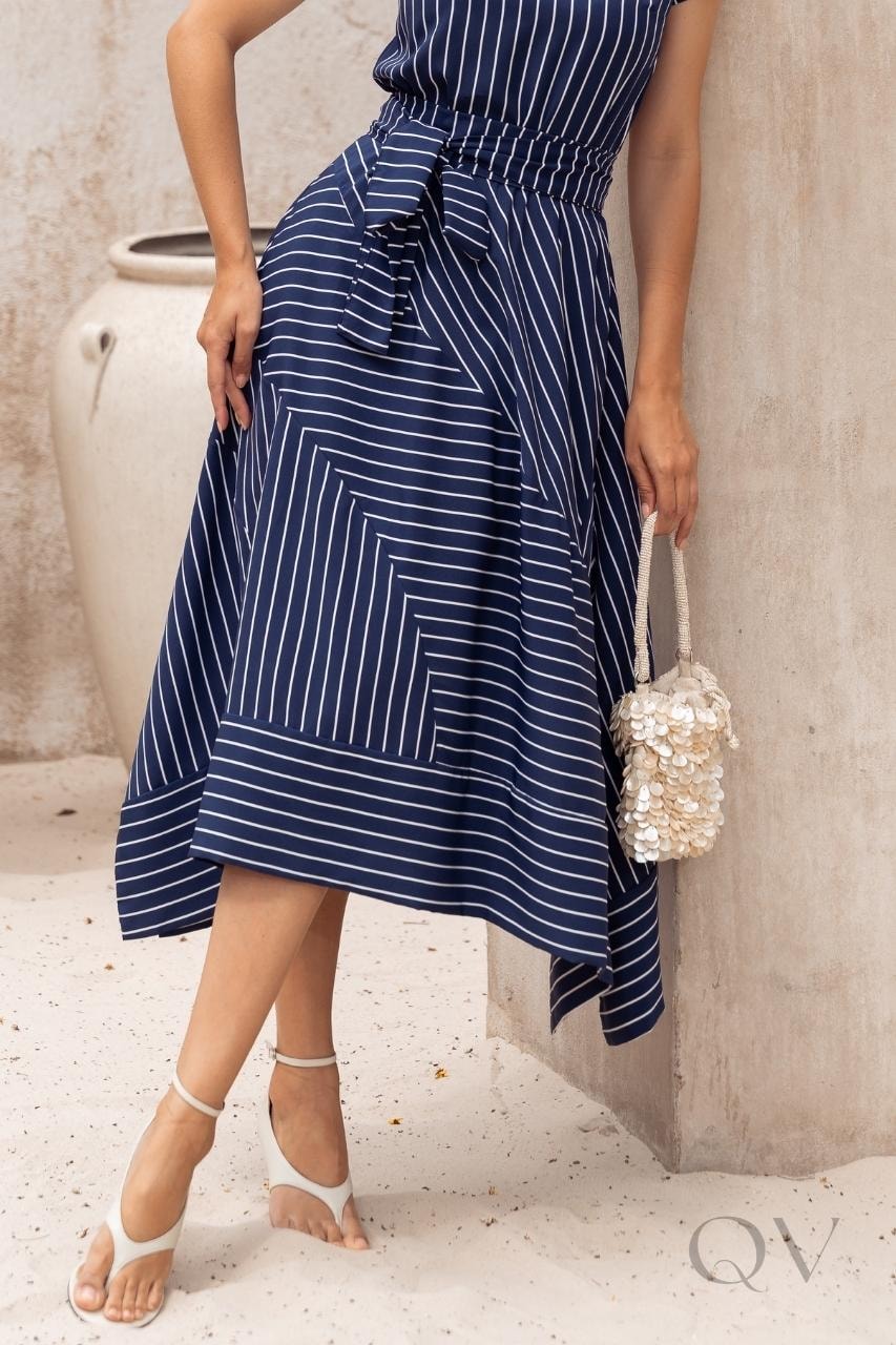 ひめ様@1000 Vestido Midi Listrado Em Camisaria Spandex Azul Marinho Jany Pim