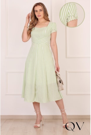 VESTIDO MIDI LISTRADO EM CREPE VERDE - PURO SHARMY