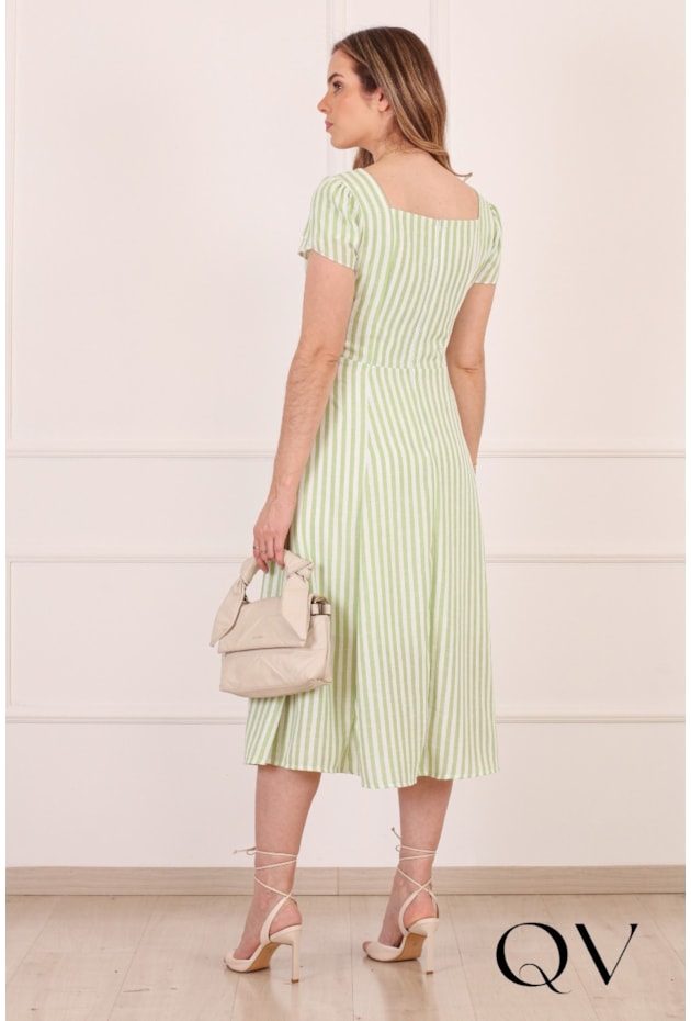 VESTIDO MIDI LISTRADO EM CREPE VERDE - PURO SHARMY