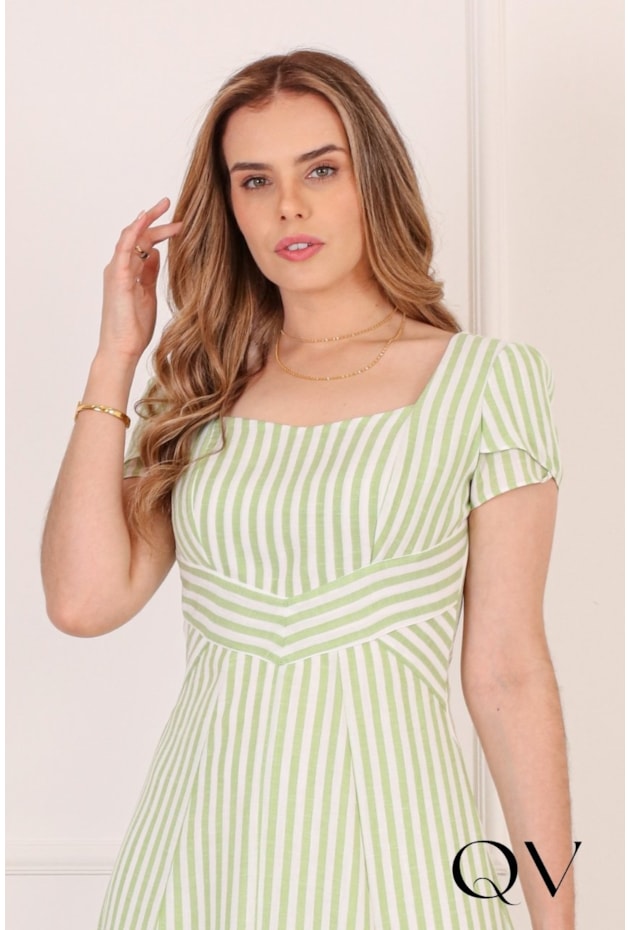 VESTIDO MIDI LISTRADO EM CREPE VERDE - PURO SHARMY