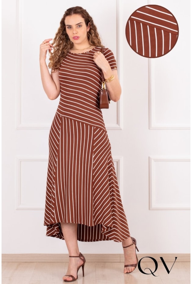 VESTIDO MIDI LISTRADO EM MALHA CANELADA MARROM - PURO SHARMY
