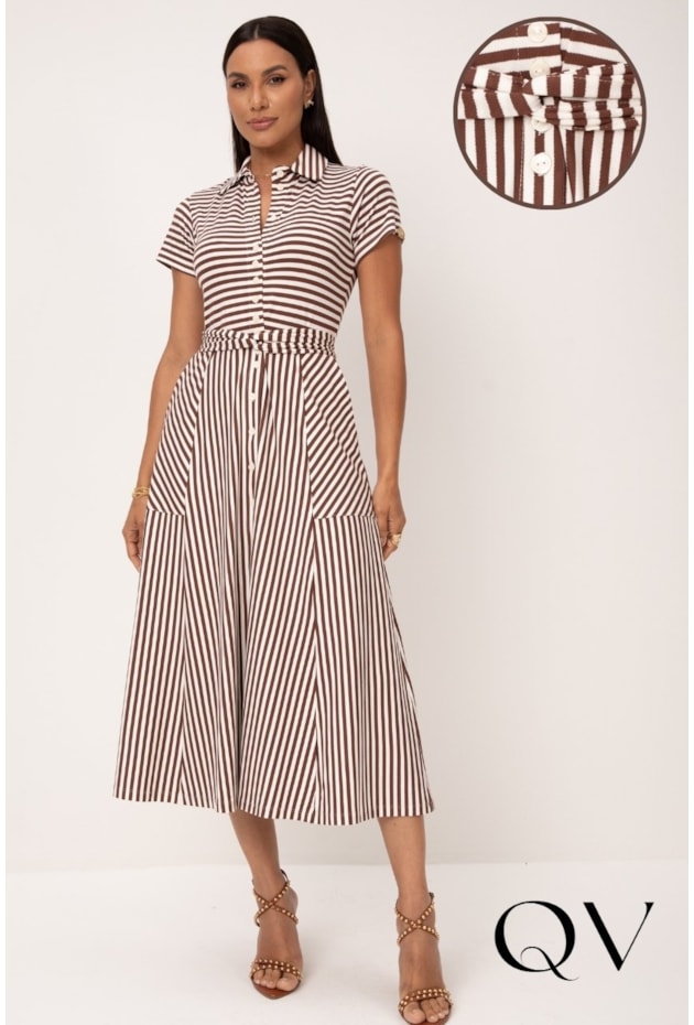 VESTIDO MIDI LISTRADO EM MALHA VISCOCREPE MARROM - LEKAZIS