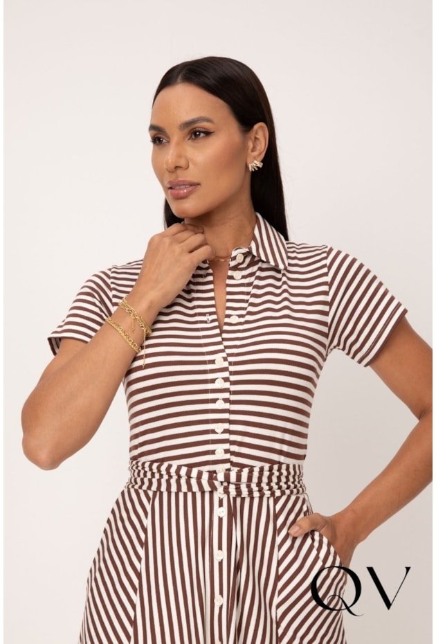 VESTIDO MIDI LISTRADO EM MALHA VISCOCREPE MARROM - LEKAZIS