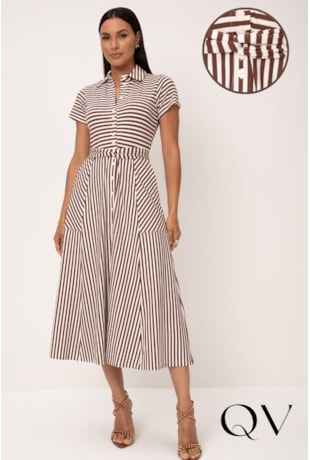 VESTIDO MIDI LISTRADO EM MALHA VISCOCREPE MARROM - LEKAZIS