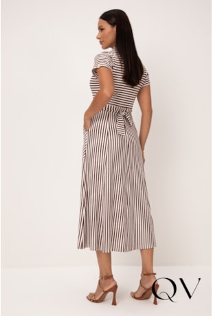 VESTIDO MIDI LISTRADO EM MALHA VISCOCREPE MARROM - LEKAZIS