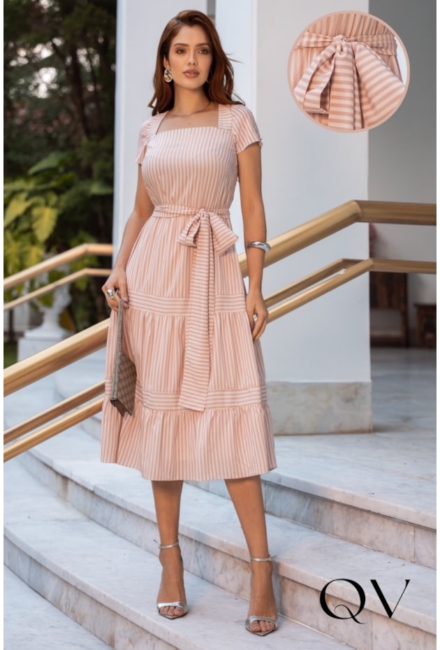 Vestido Midi Listrado Em Toque De Seda Rosa Jany Pim QVestido