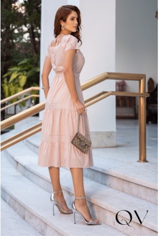 VESTIDO MIDI LISTRADO EM TOQUE DE SEDA ROSA - JANY PIM