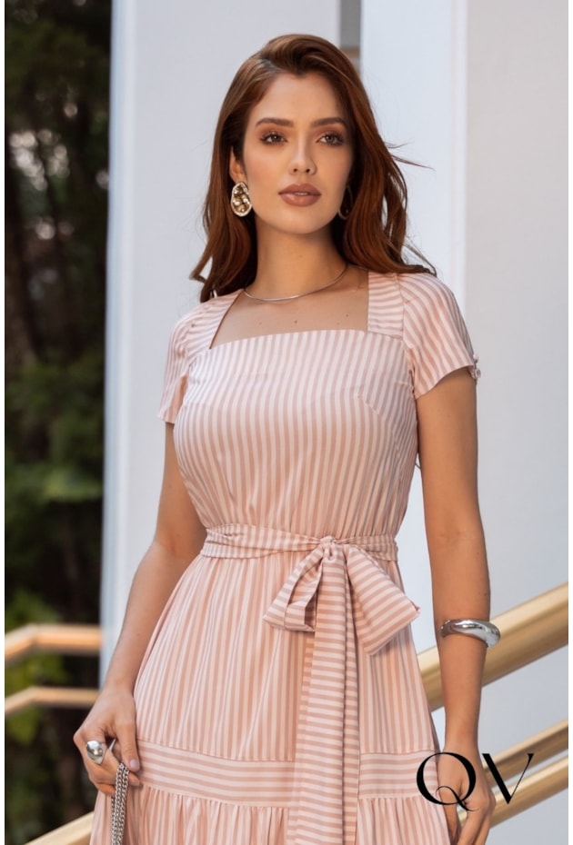 VESTIDO MIDI LISTRADO EM TOQUE DE SEDA ROSA - JANY PIM