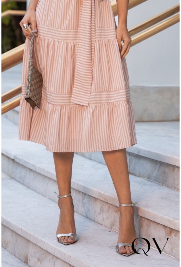 VESTIDO MIDI LISTRADO EM TOQUE DE SEDA ROSA - JANY PIM