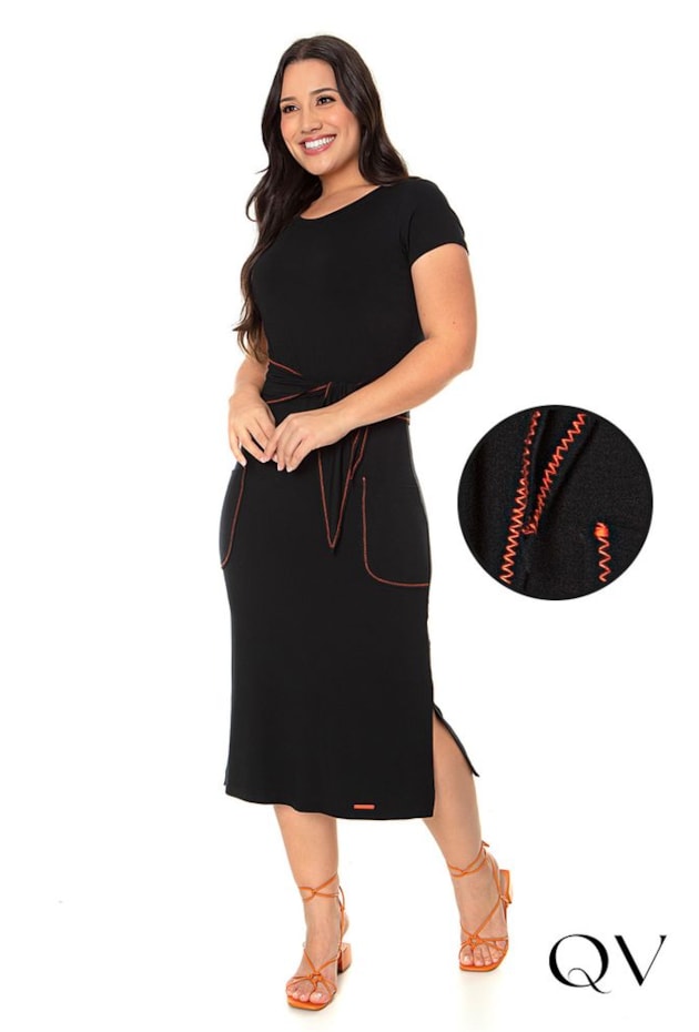 VESTIDO MIDI MALHA COM FENDAS PRETO - HAPUK