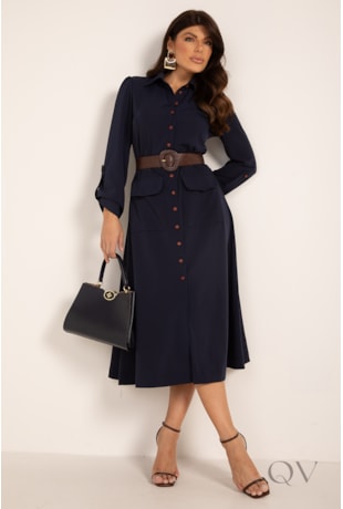 VESTIDO MIDI MANGA LONGA EM CREPE ALFAIATARIA MARINHO - LEKAZIS